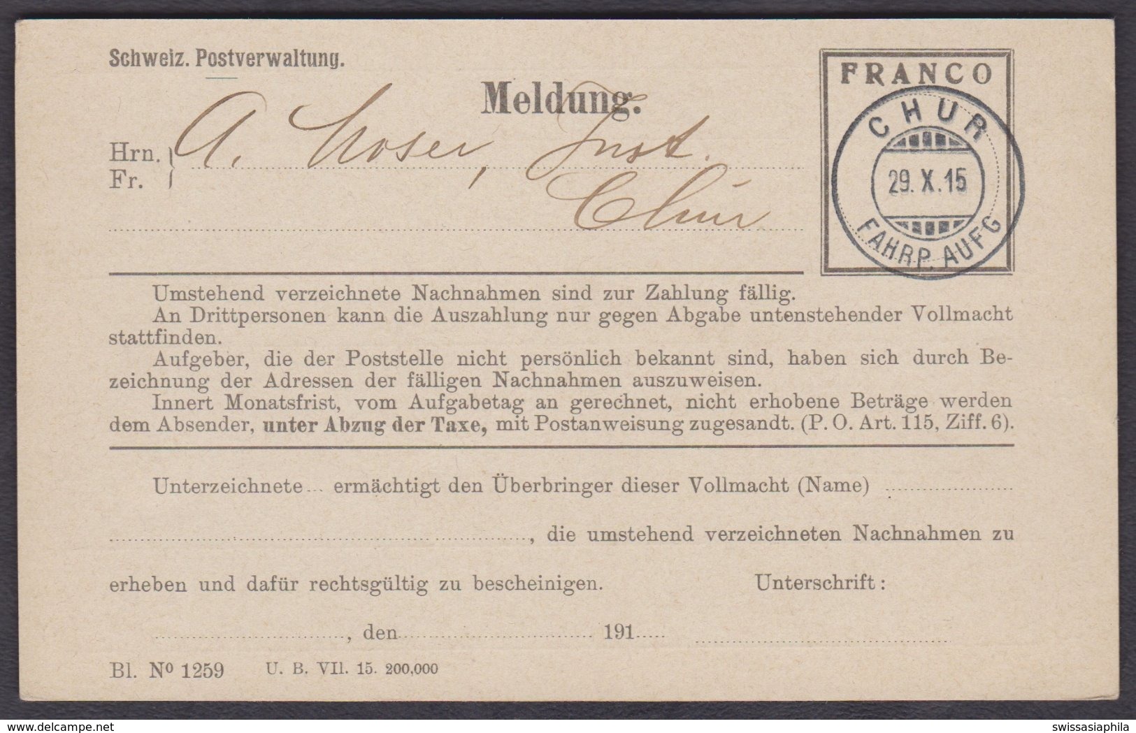 GR    CHUR - NACHNAHME MELDESCHEIN  - LUXUS STEMPEL - Lettres & Documents