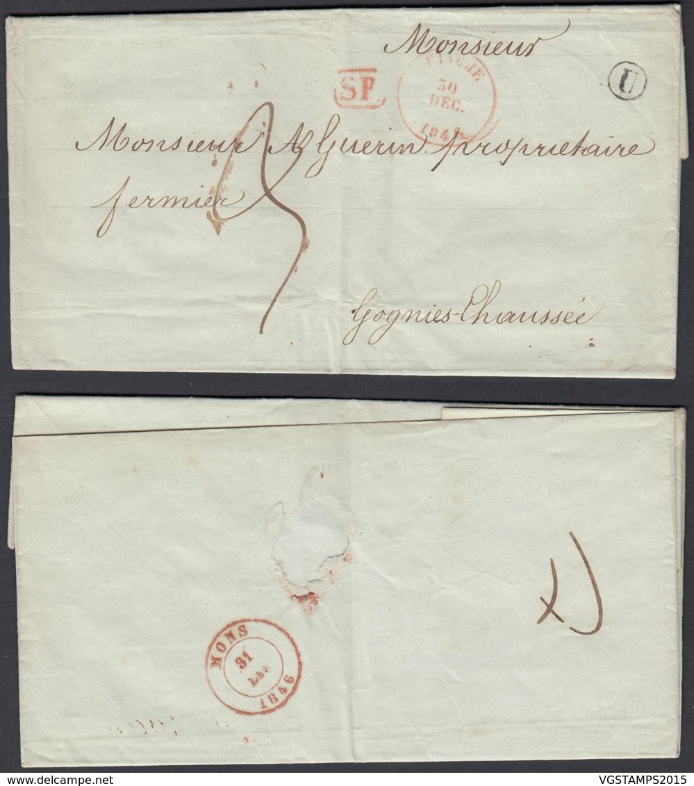 BELGIQUE LETTRE DE BINCHE 30/12/1846 BOITE "U" VERS GOGNIES  VERSO ARRIVEE CACHET TYPE 18 "GIVET" (BE) DC-4665 - 1830-1849 (Belgica Independiente)