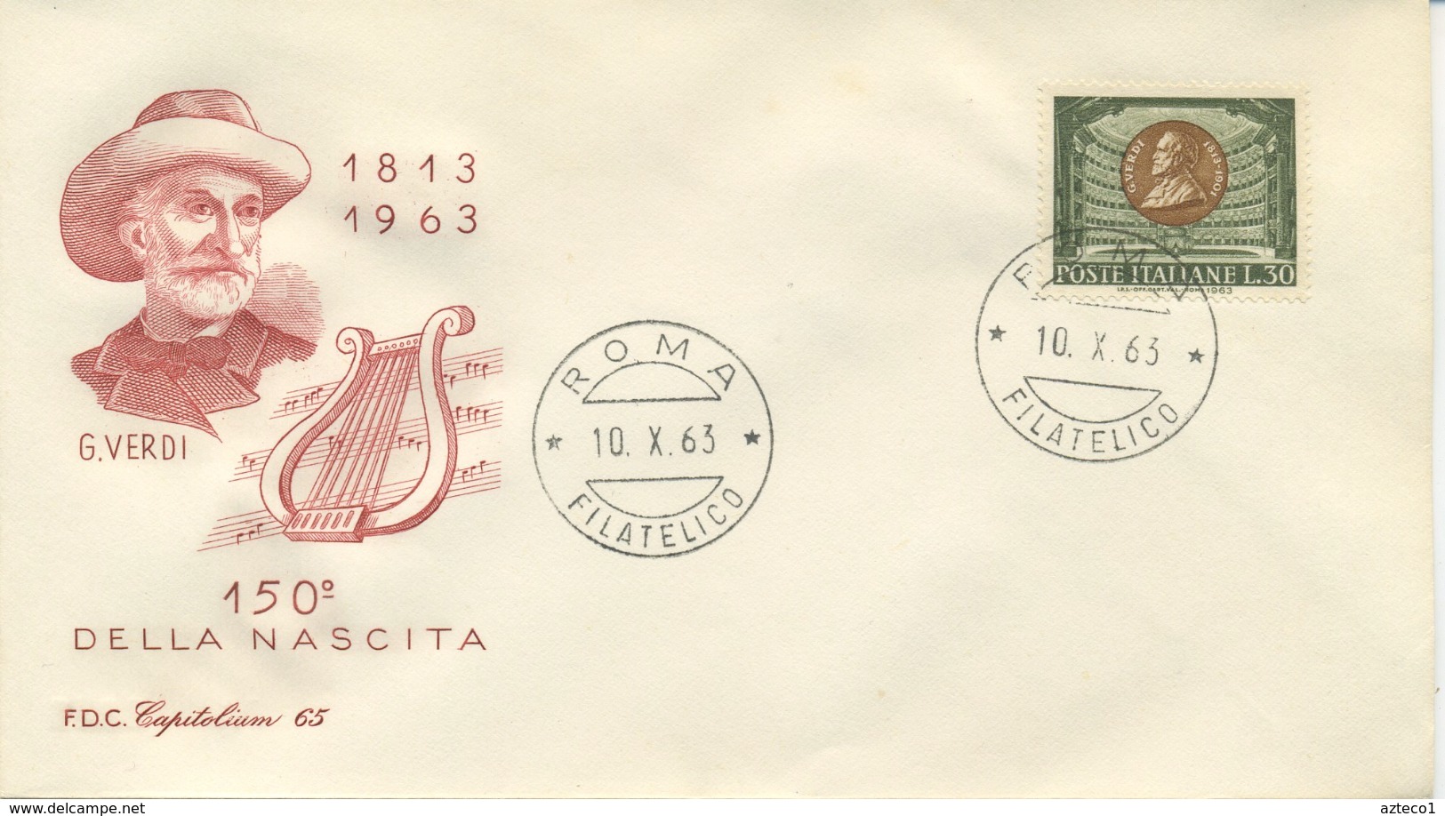 ITALIA - FDC CAPITOLIUM  ROSSA 1963  - GIUSEPPE VERDI - MUSICA - FDC