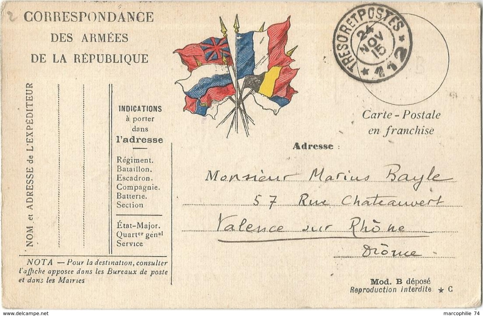 CARTE FM DRAPEAUX DESSIN AU DOS CLOCHER OBL TRESOR ET POSTES 112 24 NOV 1915 POUR VALENCE DROME - Storia Postale