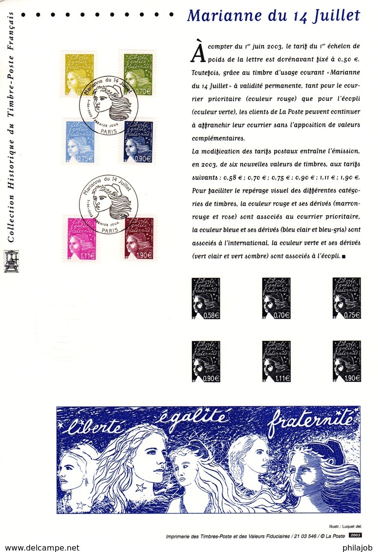 (Faciale = 5.94 €)  " MARIANNE DU 14 JUILLET " Sur Document Philatélique Officiel De 2003  N° YT 3570 à 3575. DPO - 1997-2004 Marianne Du 14 Juillet