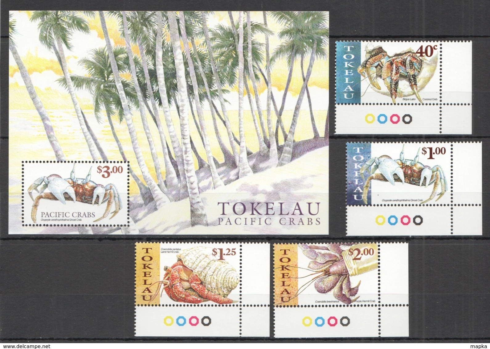 C252 1998 TOKELAU MARINE LIFE PACIFIC CRABS #277-80 MICHEL 12 EURO 1SET+1BL MNH - Schalentiere