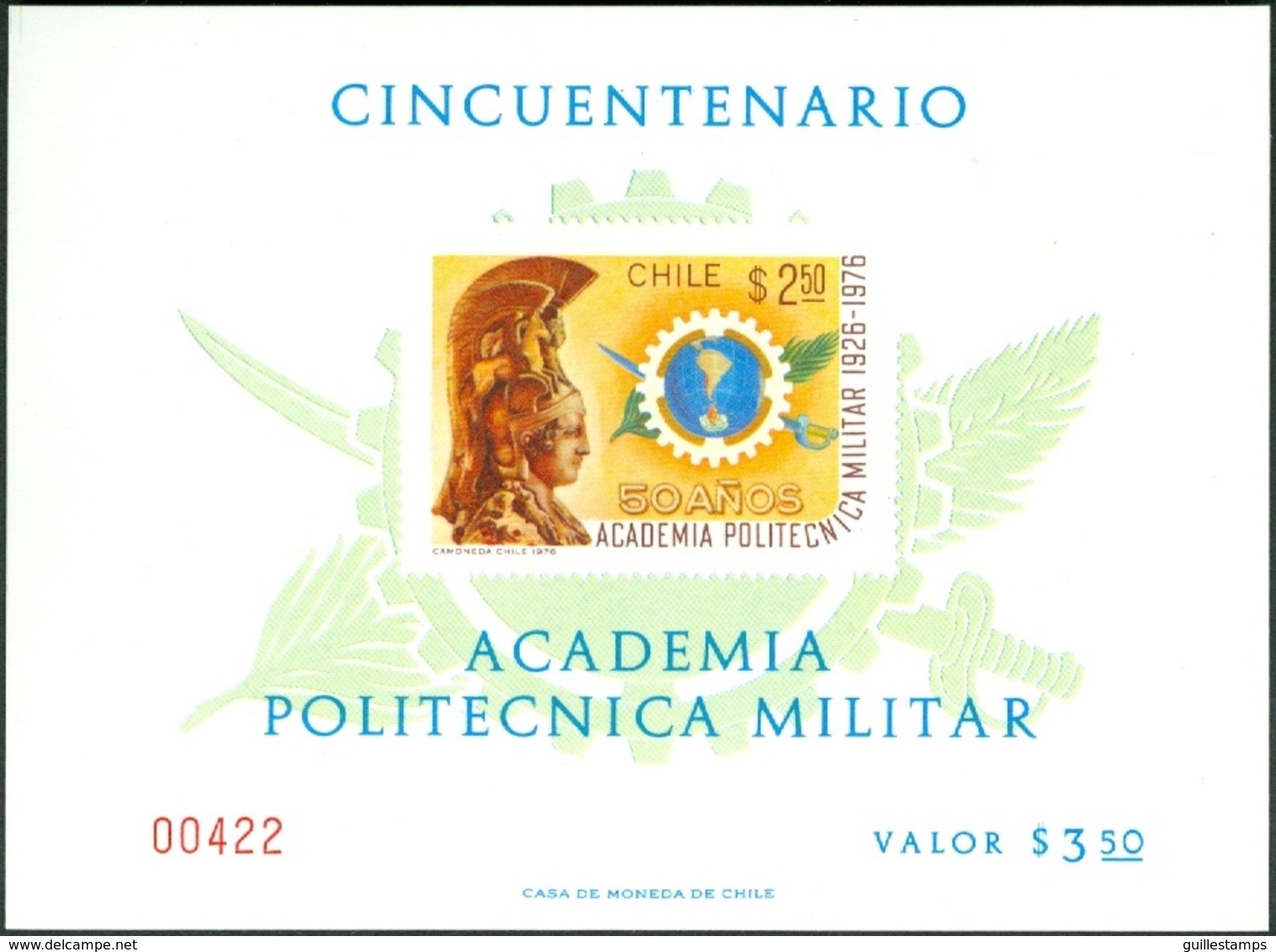 CHILE 1976 MILITARY ACADEMY S/S, WITHOUT GUM AS ISSUED - Chile