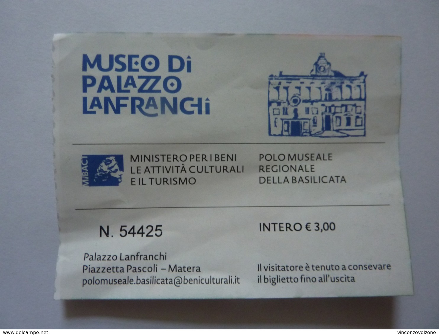 Biglietto Ingresso "MUSEO PALAZZO LANFRANCHI MATERA" - Tickets - Vouchers