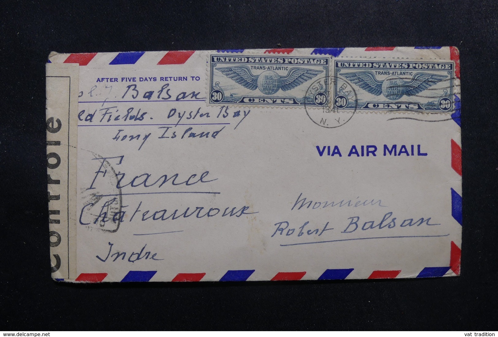 ETATS UNIS - Enveloppe De Oyster Bay Pour La France En 1941 Avec Contrôle Postal - L 47597 - Postal History