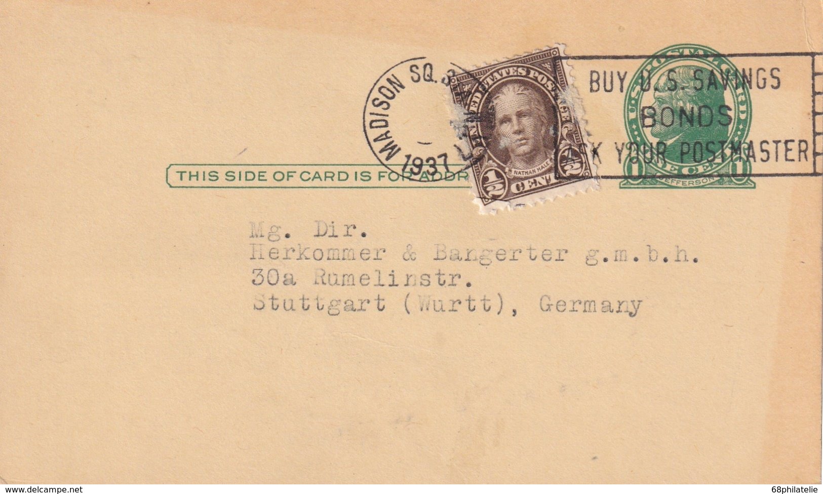 USA 1937      ENTIER POSTAL/GANZSACHE/POSTAL STATIONERY CARTE DE NEW YORK - 1921-40