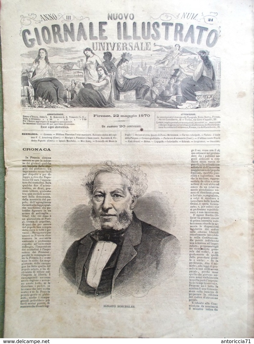 Nuovo Giornale Illustrato Universale 22 Maggio 1870 Morte Moscheles Lucera Circo - Voor 1900