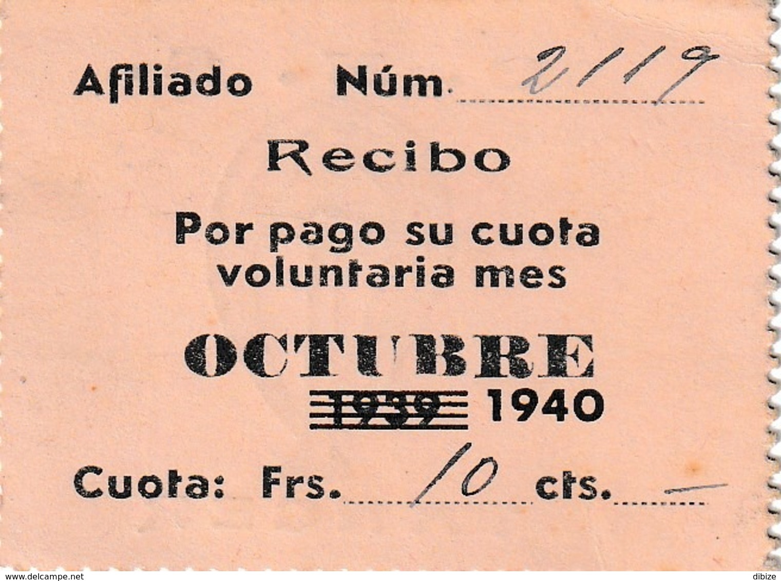 España. Cupon Phalanx Tradicionalista Español. C.N.S Tánger. 10 Cts. Recibo 1940 - Tickets - Entradas