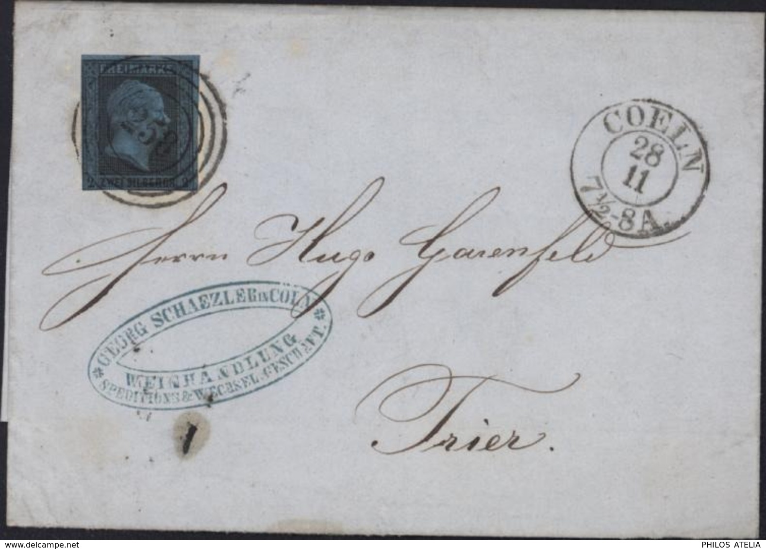 Freimark YT 4 Noir S Bleu 2S Royaume De Prusse Frederic Guillaume IV Obl 258 Double Cercle CAD Coeln 28 11 7 1/2 8A 1853 - Autres & Non Classés