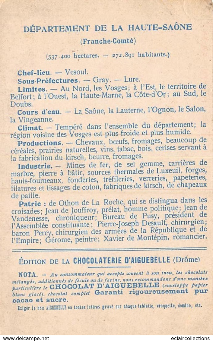 Divers Carte Géographique          70      Du Département Chocolatrie Aiguebelle        (voir Scan) - Otros & Sin Clasificación