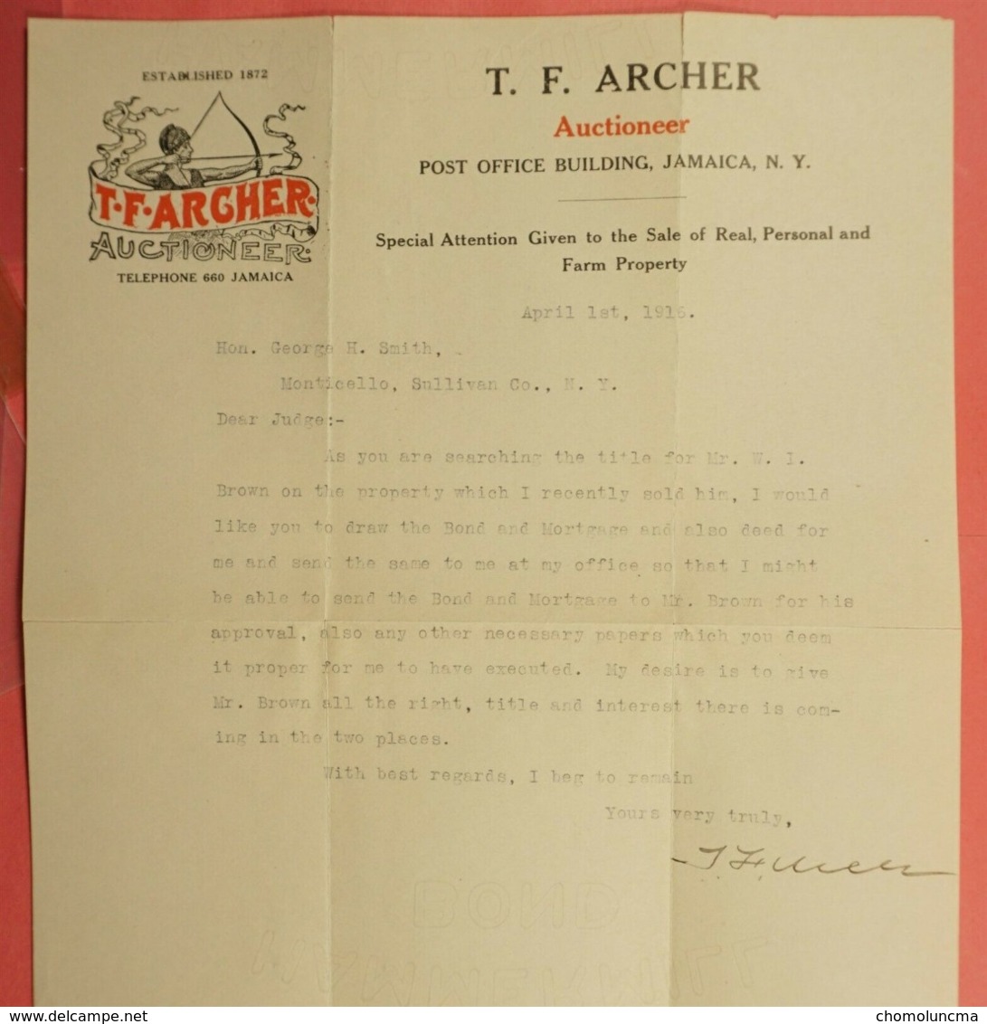 USA 1916 T F ARCHER Auctioneer Commissaire Priseur Jamaica New York Tir à L' Arc Flèche Bow Arrow Bogen Archery - USA