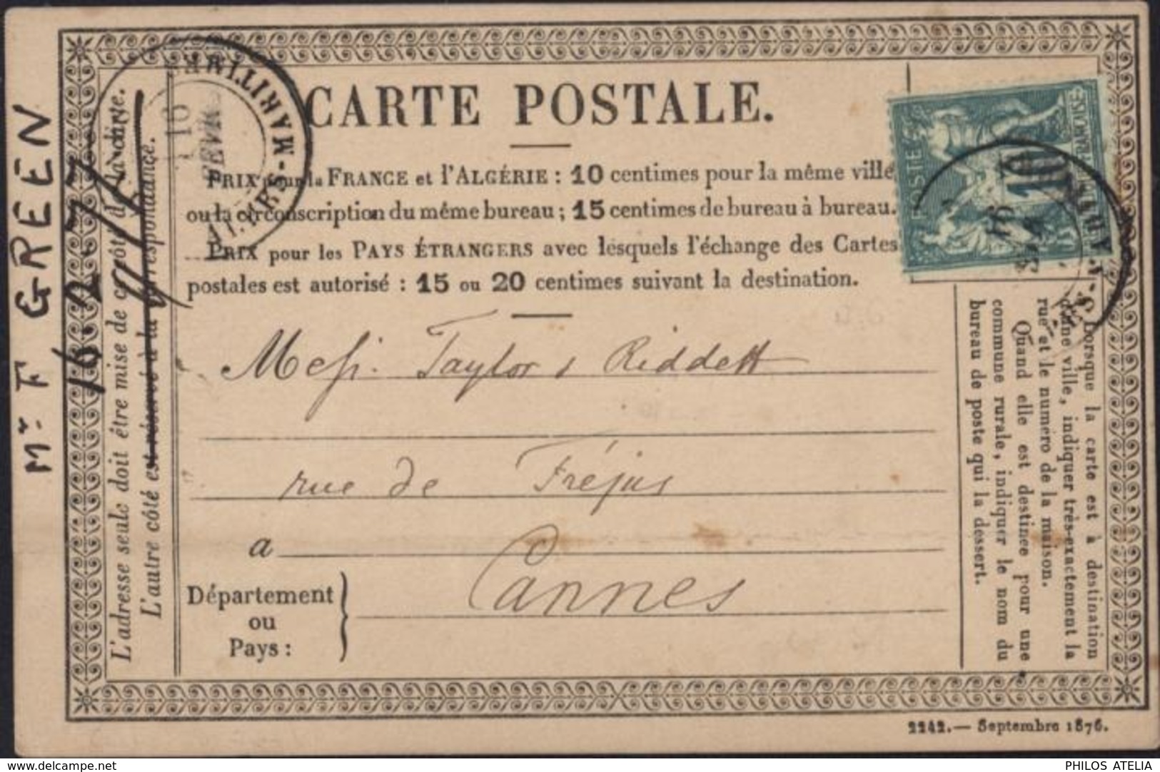 YT Sage N/B N° 65 Date Manuscrite 16 2 77 CAD Alpes Maritimes 16 Fe Seul Sur Carte Précurseur Cote Timbre 45 € - 1877-1920: Période Semi Moderne