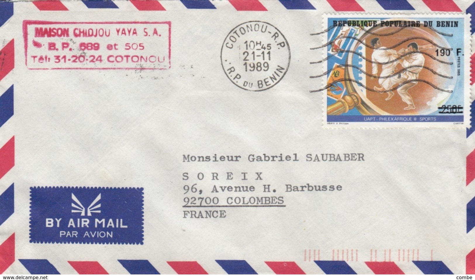 BENIN. LETTRE, COVER. PAR AVION. OVERPRINT. UAPT PHILEXAFRIQUE III SPORTS 190F/250F. COTONOU TO FRANCE - Benin - Dahomey (1960-...)