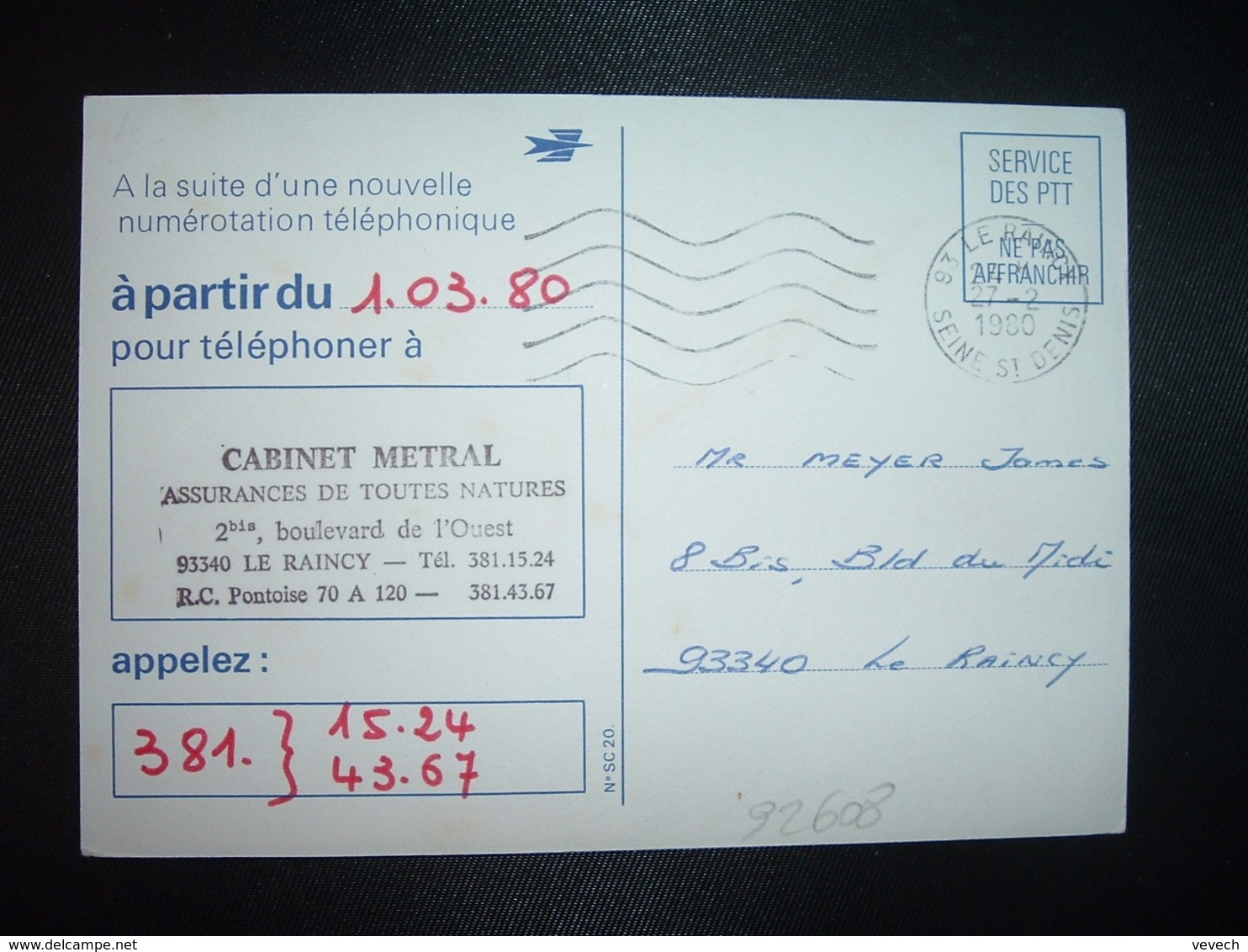 CP SERVICE DES PTT NOUVELLE NUMEROTATION TELEPHONIQUE OBL.MEC.27-2 1980 93 LE RAINCY SEINE ST DENIS - 1961-....