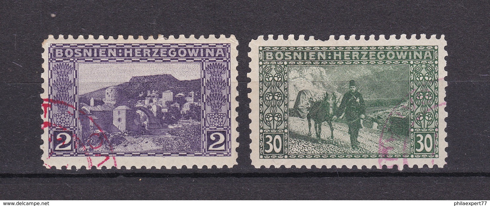Bosnien-Herzegowina - Österreichische Besetzung - 1906 - Michel Nr. 30 C + 37 C - Gez. 9 1/4 - Stempel Rot - 75 Euro - Bosnien-Herzegowina