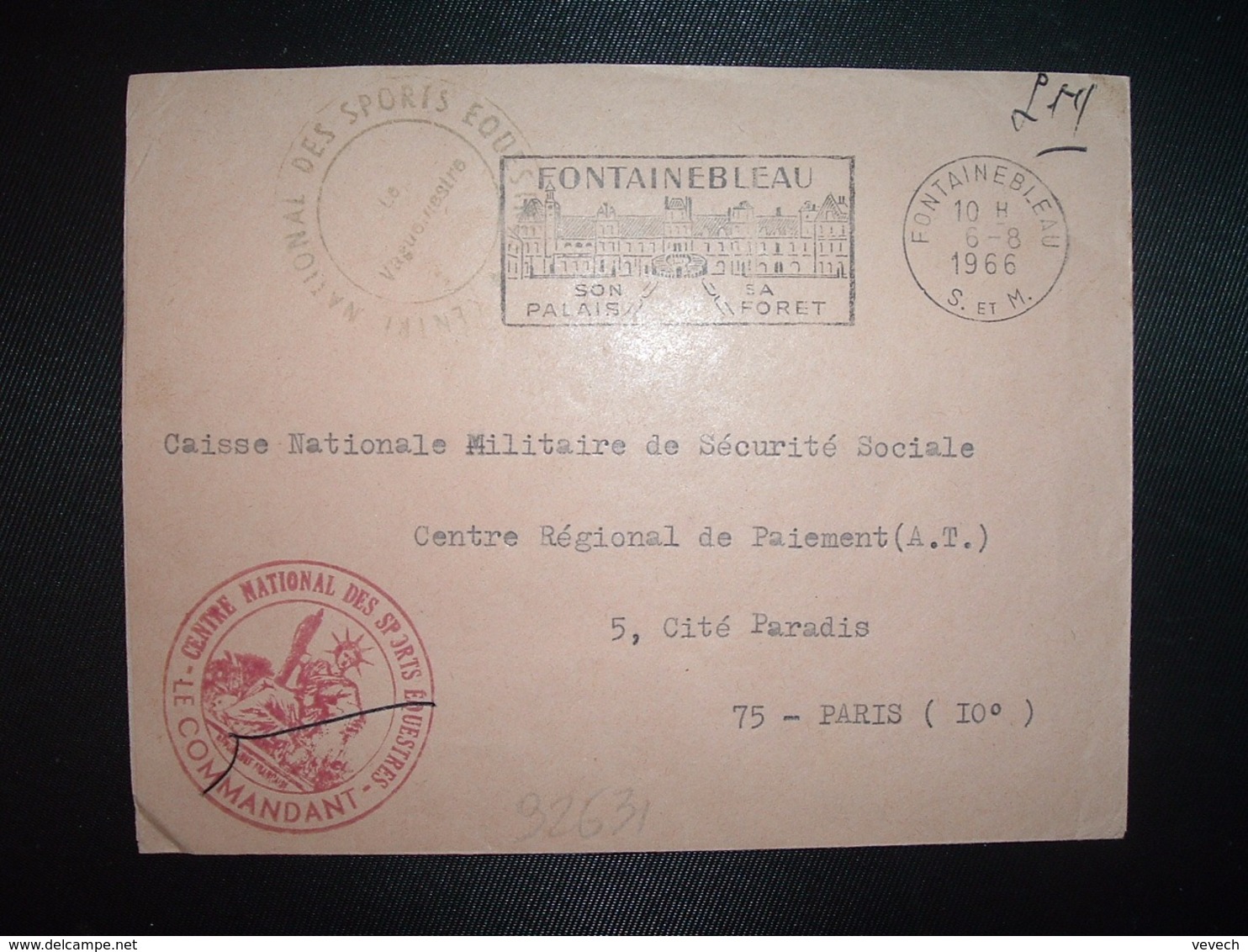 LETTRE OBL.MEC.6-8 1966 FONTAINEBLEAU (77) + OBL. ROUGE CENTRE NATIONAL DES SPORTS EQUESTRES LE COMMANDANT - 1961-....