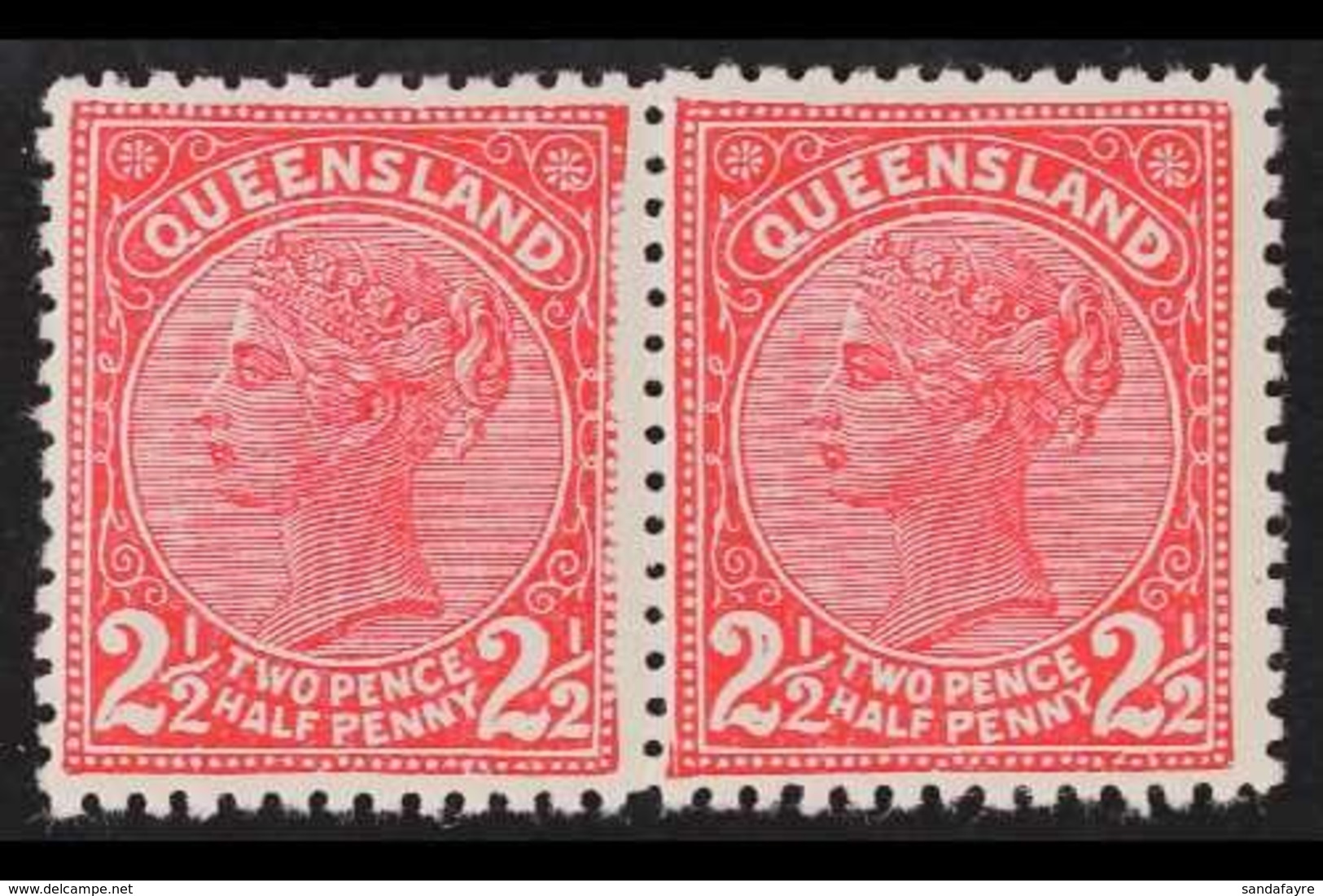 QUEENSLAND 1890 2½d Carmine, Horizontal Pair, WEAK IMPRESSION Of Right Hand-side Of Frame On Left Stamp, SG 191, Very Fi - Sonstige & Ohne Zuordnung