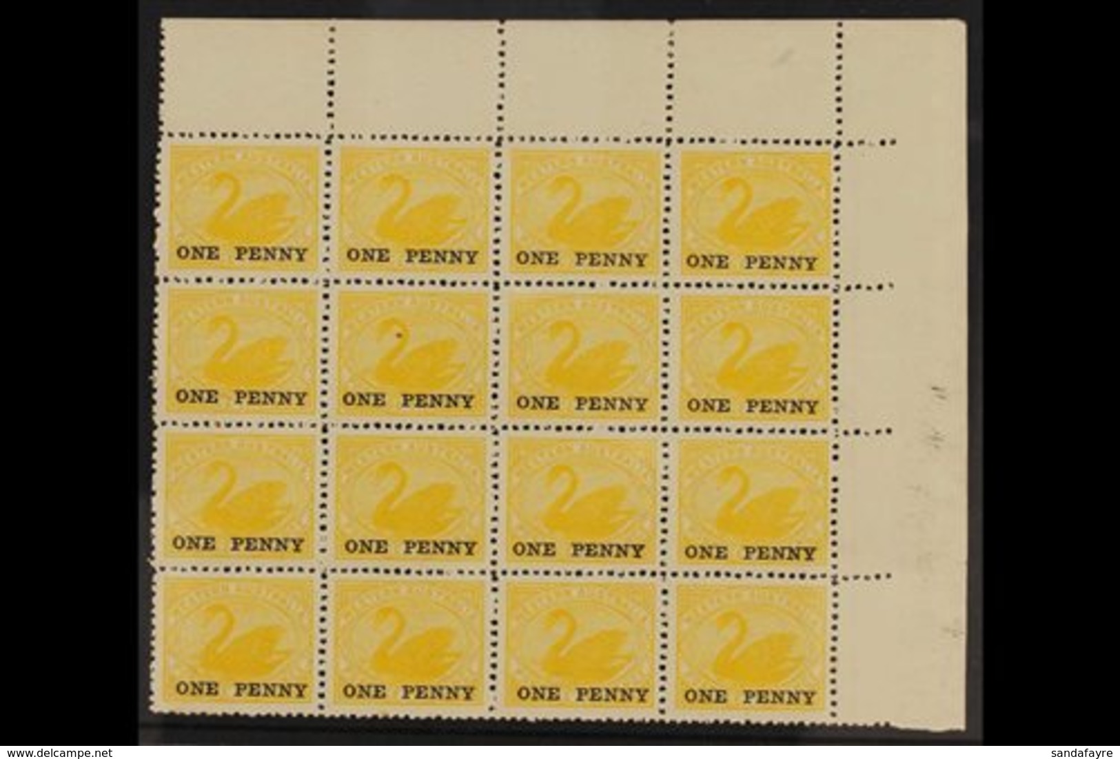 WESTERN AUSTRALIA 1912 1d On 2d Yellow Perf 12½x12, SG 172, Never Hinged Mint BLOCK OF SIXTEEN From The Top Right Corner - Sonstige & Ohne Zuordnung