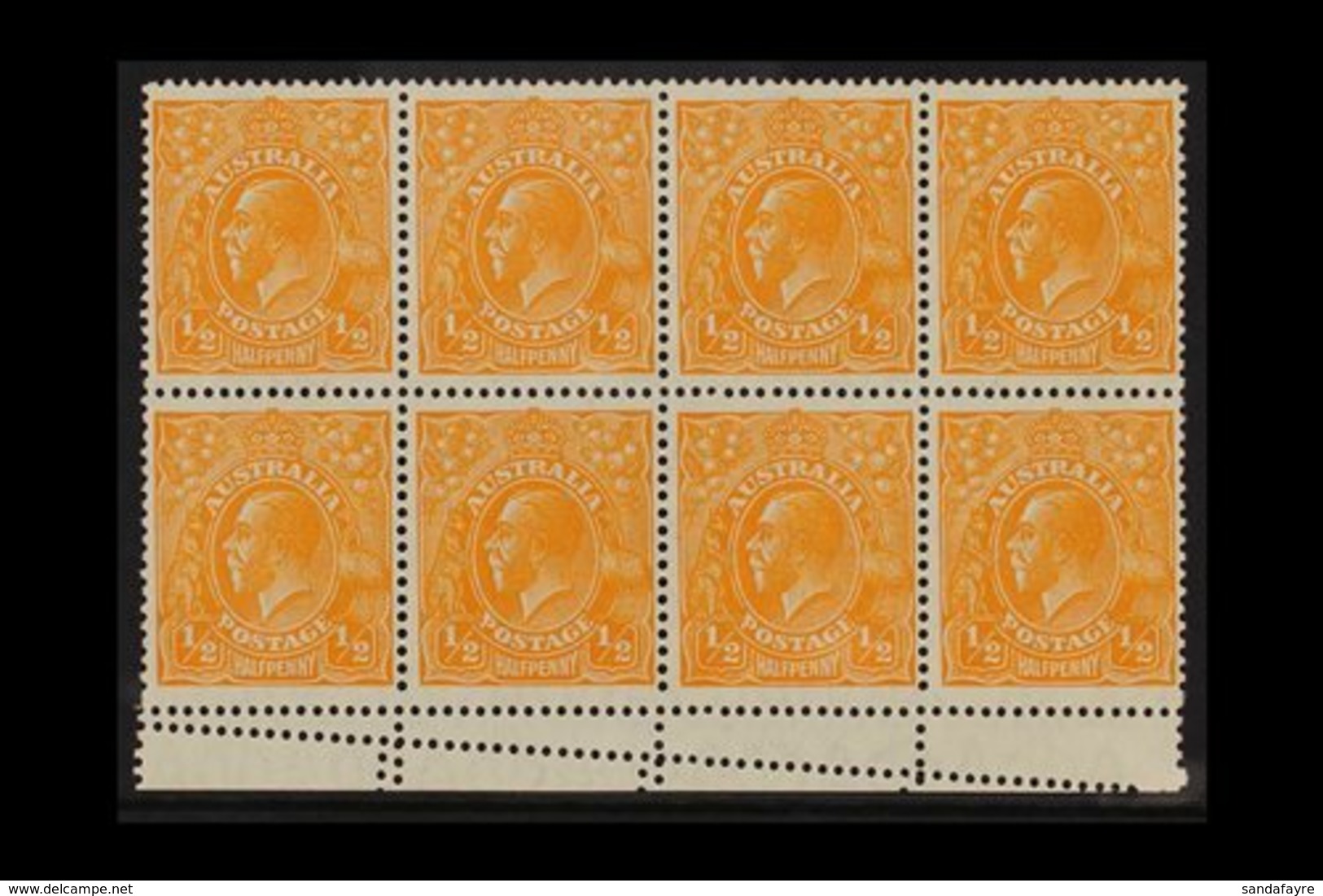 1928 ½d Orange - Perf 13½ X 12½, SG 94, Brusden White 69(9) Marginal Block Of 8 Showing Double Perforation In Margin & R - Sonstige & Ohne Zuordnung