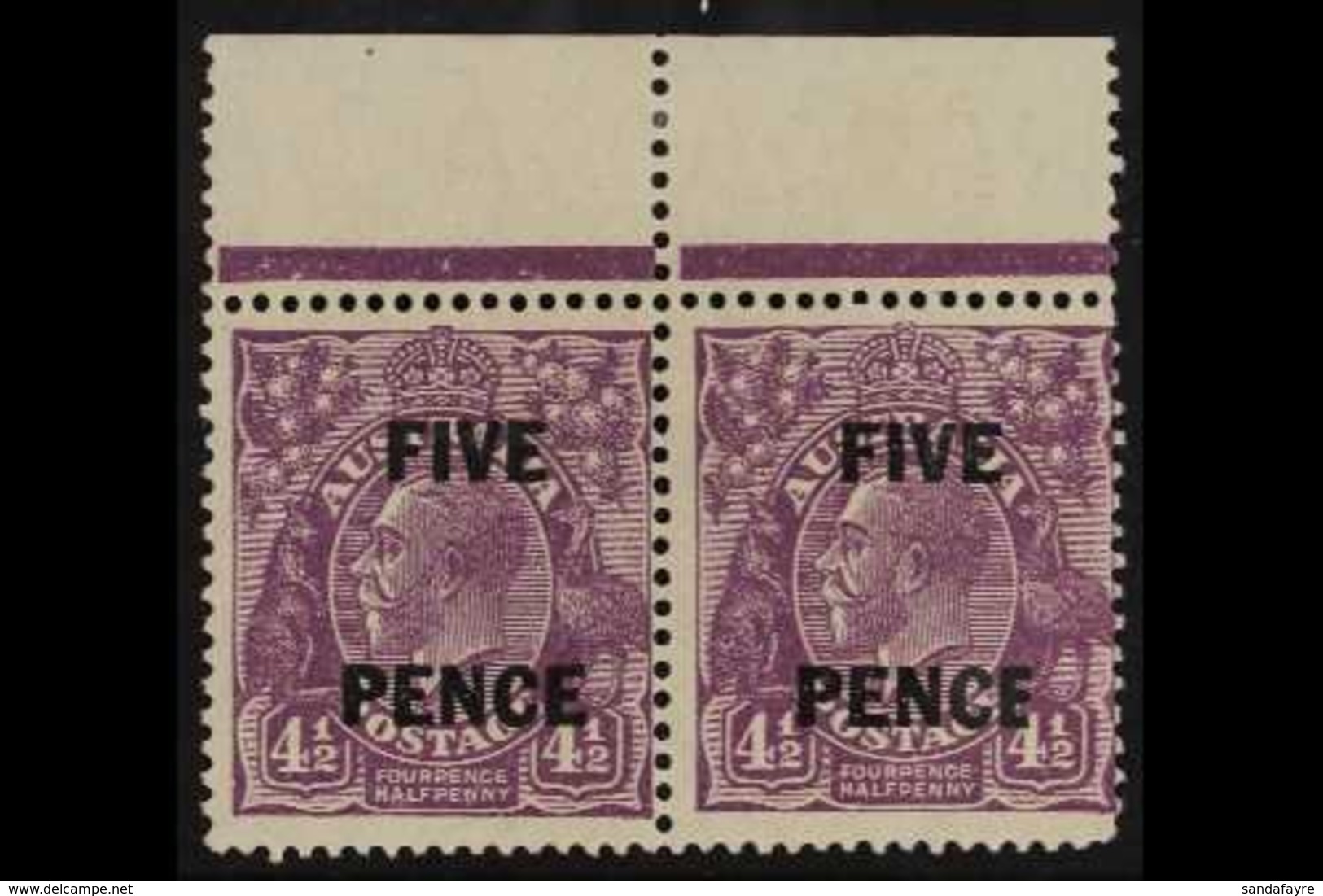 1930 FIVE PENCE On 4½d Violet, SG 120, Marginal Pair With Right Stamp Having Narrow E In Pence Variety, Brusden White 12 - Other & Unclassified