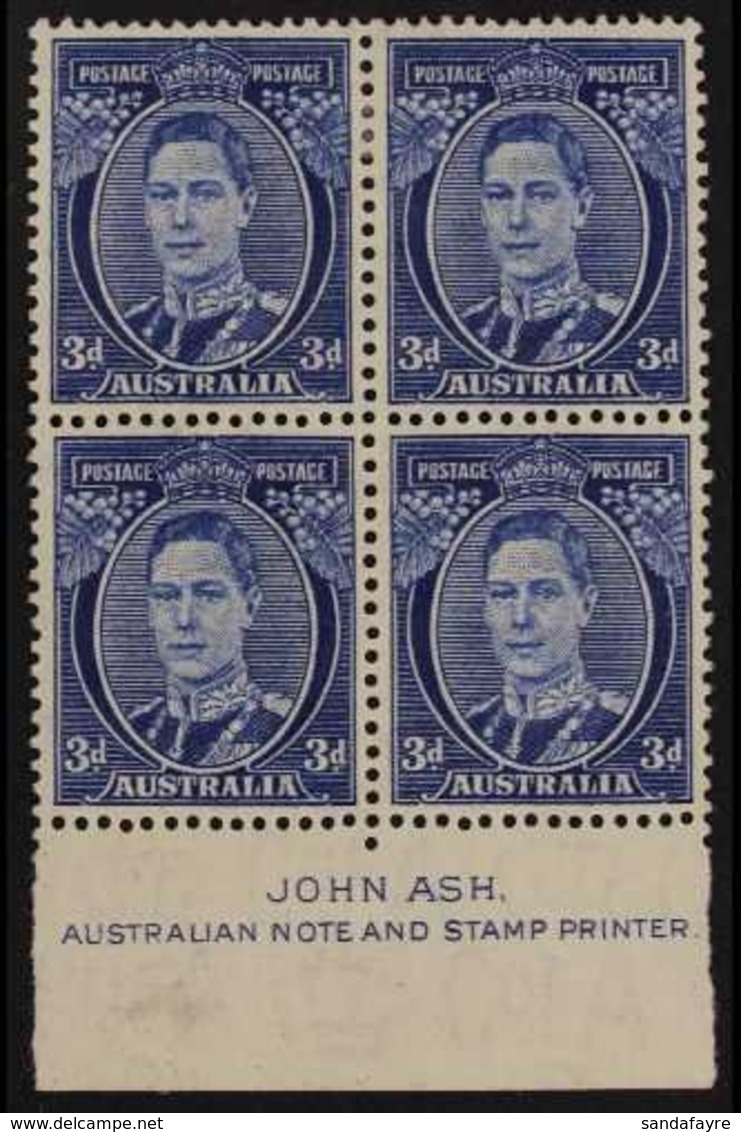 1937-49 3d Bright Blue (Die III), Perf 15 X 14, SG 186, ASH IMPRINT BLOCK OF FOUR, Very Fine Mint (lower Pair Never Hing - Sonstige & Ohne Zuordnung