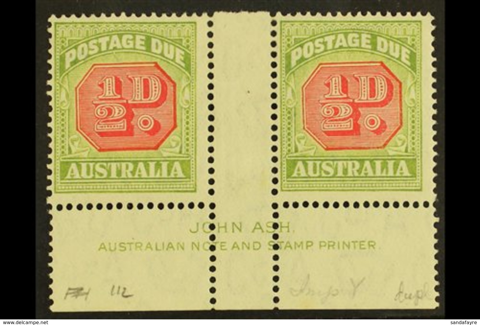 POSTAGE DUE 1938 ½d Carmine And Green, SG D112, JOHN ASH Gutter Imprint Pair, Fine Mint. (2 Stamps) For More Images, Ple - Sonstige & Ohne Zuordnung