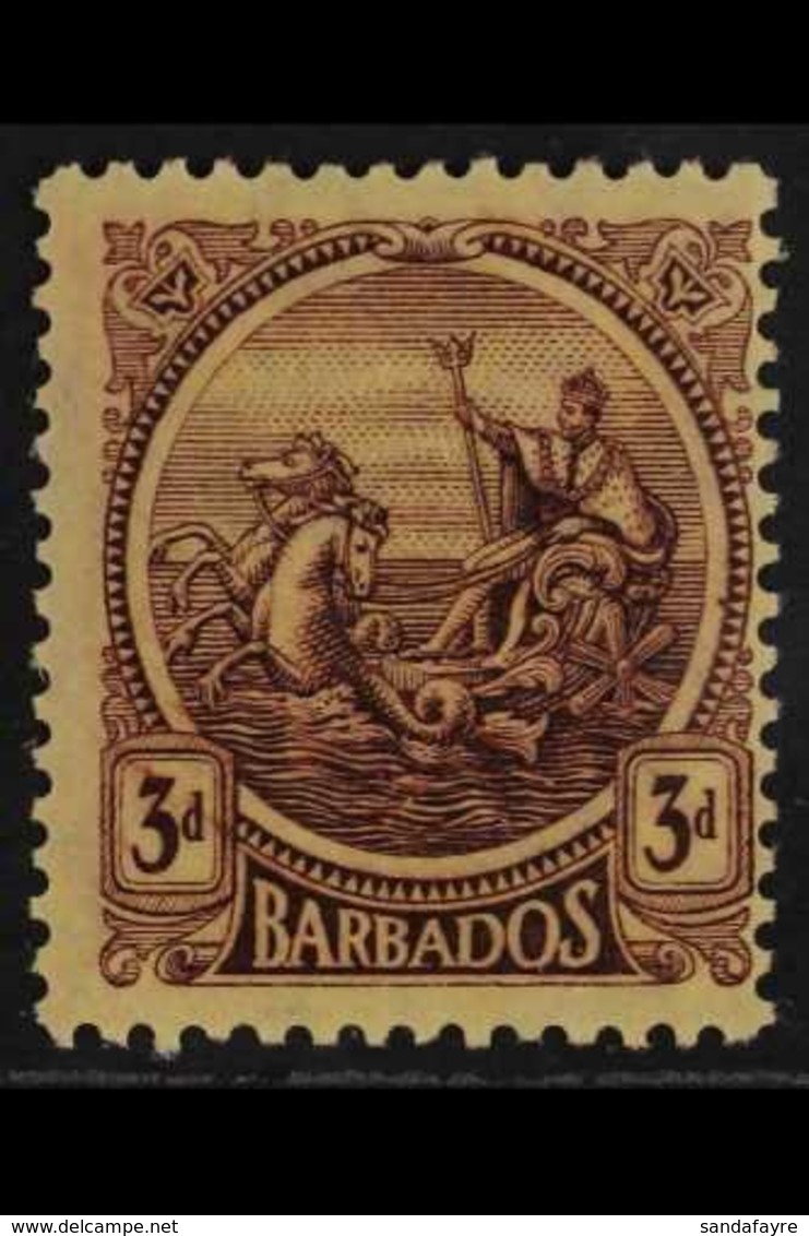 1921-24 NEW DISCOVERY. 3d Purple On Pale Yellow With 'C' OF 'CA' MISSING FROM THE WATERMARK Variety, SG 213 Var, Fine Mi - Barbados (...-1966)