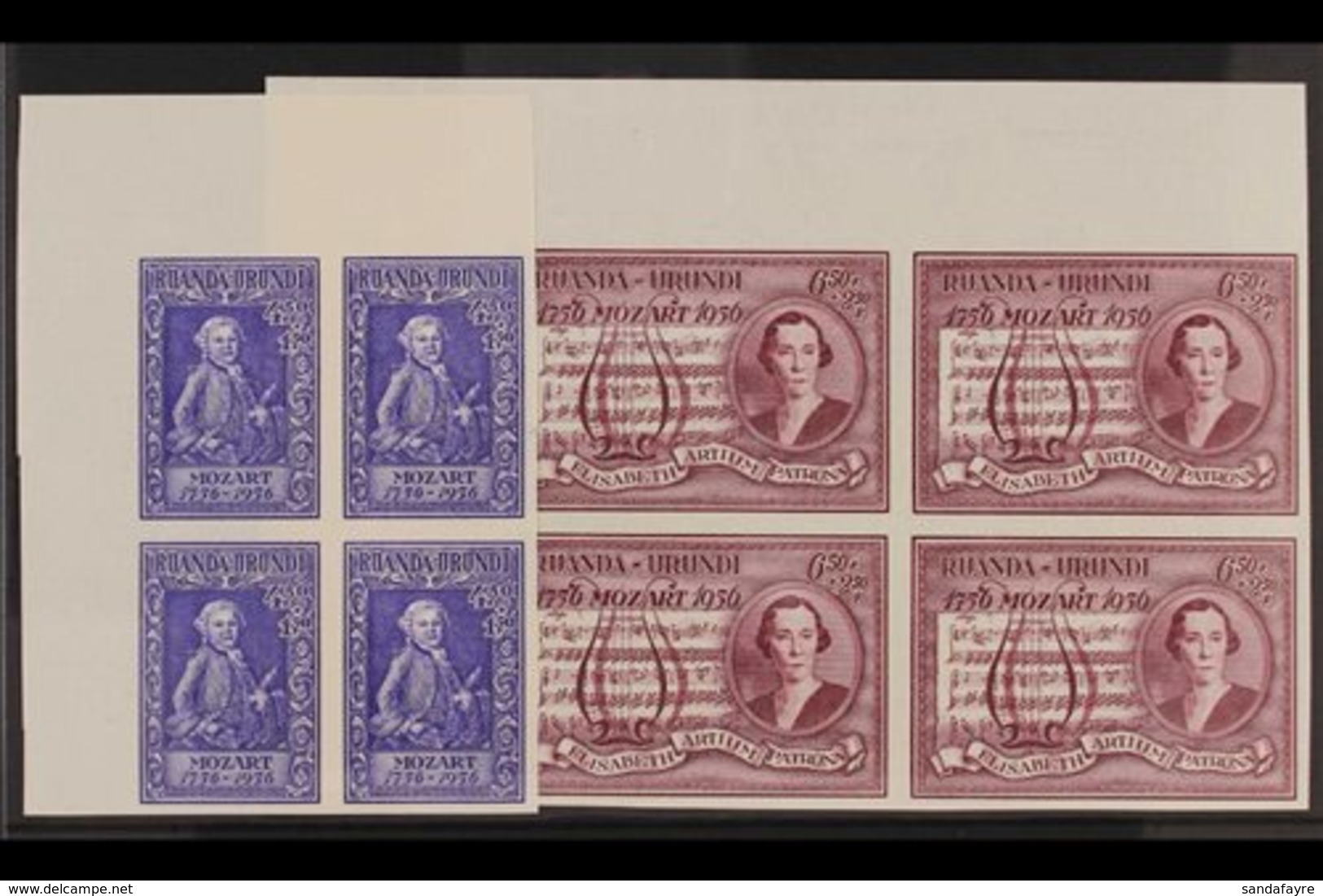 RUANDA URUNDI 1956 Mozart Set IMPERF, COB 200/201ND, Never Hinged Mint Upper Left Corner Blocks Of Four. (8 Stamps) For  - Sonstige & Ohne Zuordnung
