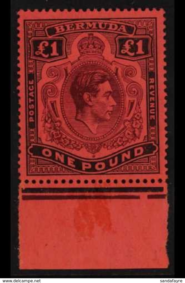 1938 KGVI £1 Purple And Black/red, Perf 14, SG 121, Very Fine Mint Lower Marginal Example. For More Images, Please Visit - Bermuda