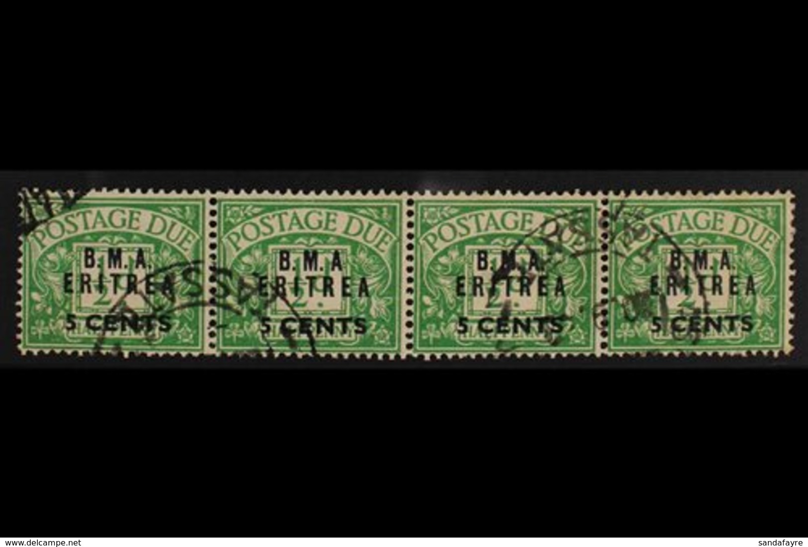 ERITREA 5c On ½d Emerald, BMA Ovpt, Variety "No Stop After A", SG ED1a In Strip With 3 Normals, Very Fine Used. For More - Italienisch Ost-Afrika