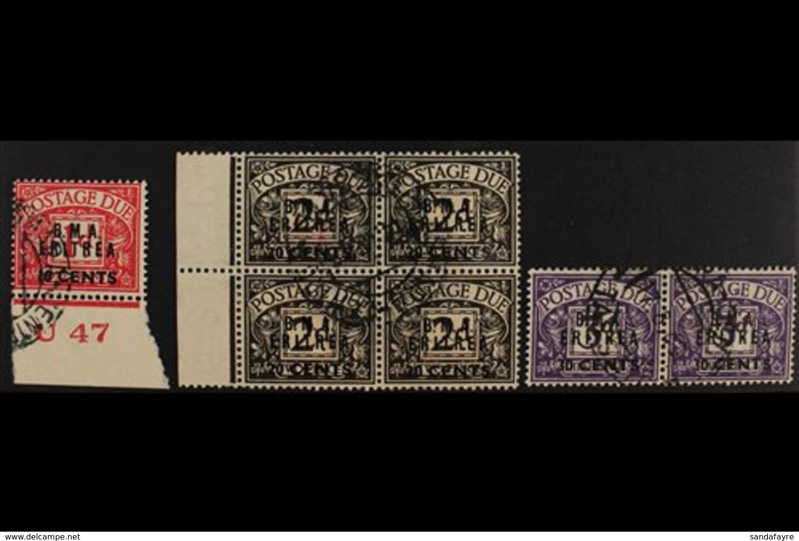 ERITREA POSTAGE DUES 1948 BMA Ovpts Used Group With 10c On 1d Carmine With Cylinder Number, 20c On 2d Marginal Block Of  - Africa Orientale Italiana