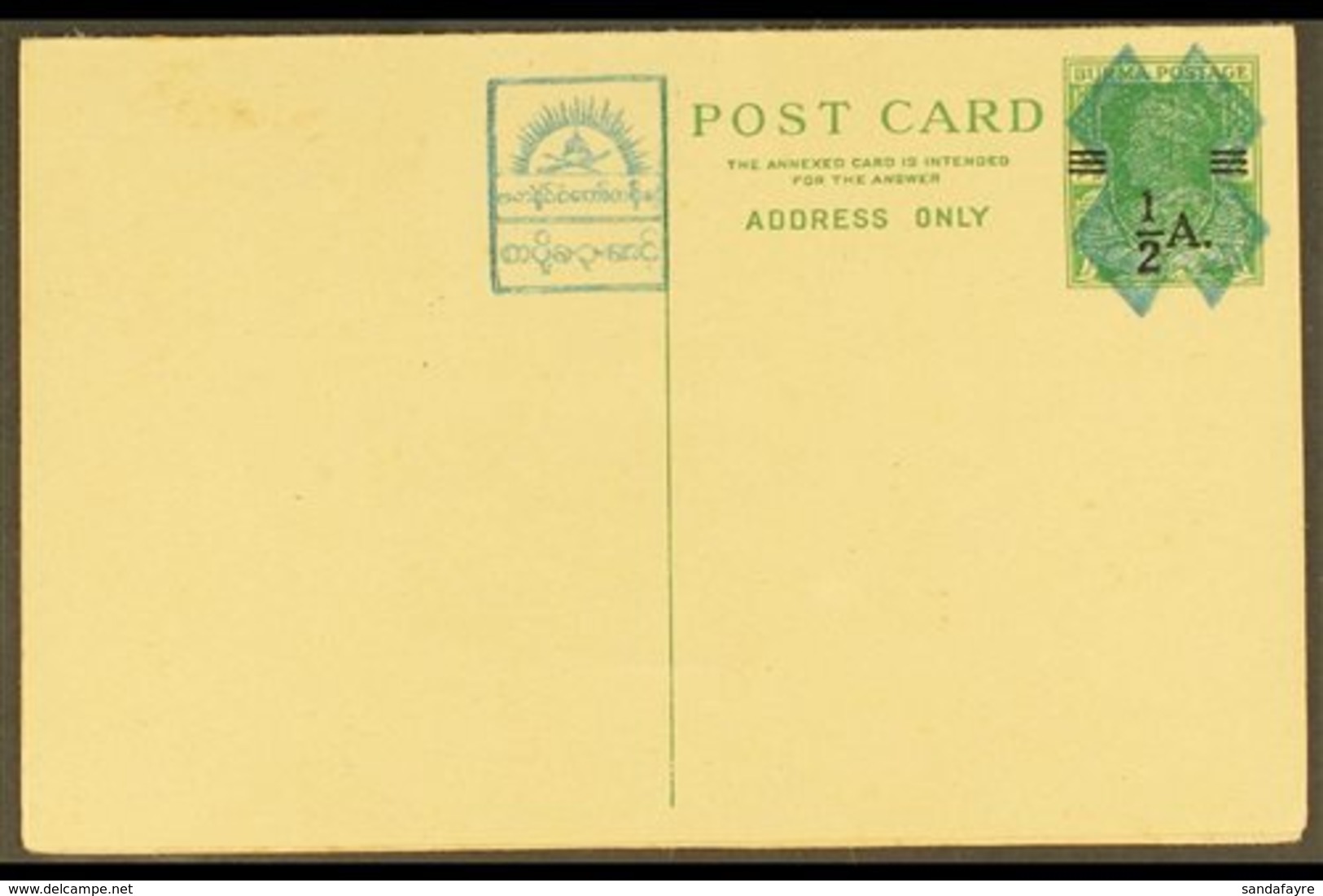 JAPANESE OCCUPATION JAPANESE POSTAL ADMINISTRATION 1943 ½a On 9p + ½a On 9p Green Surcharge Postal Stationery Postcard W - Burma (...-1947)