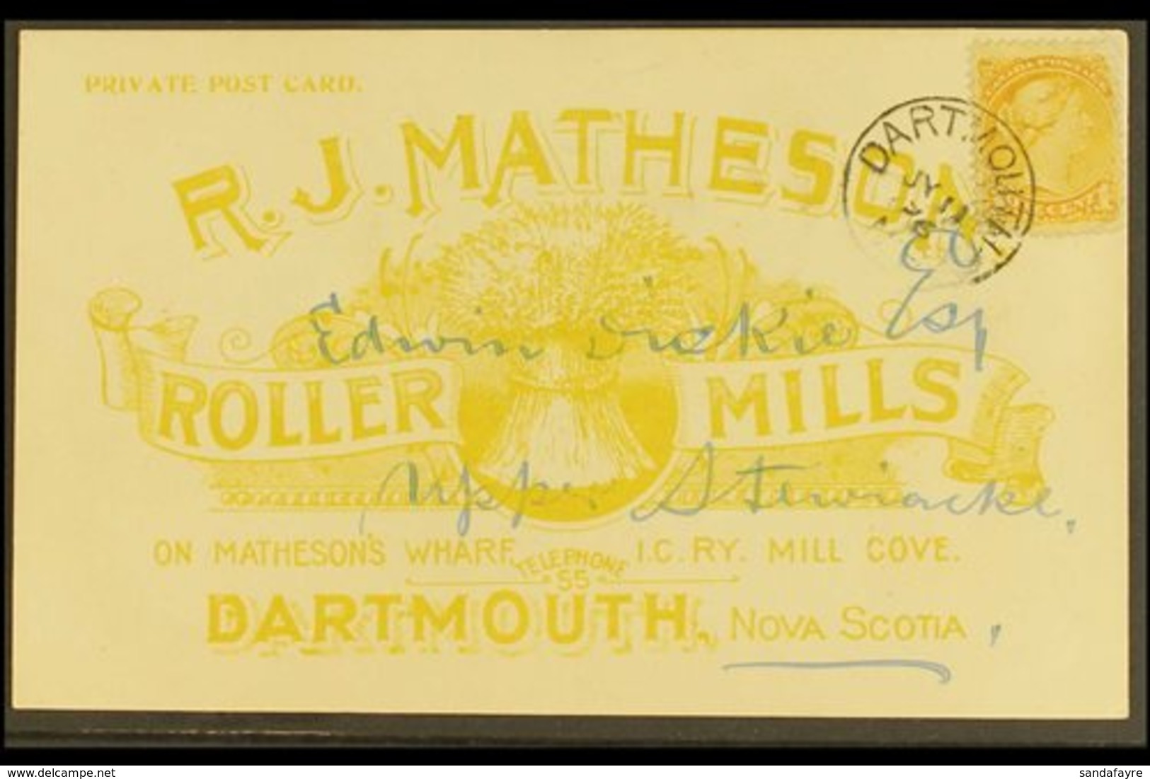 1896 Beautifully Illustrated Private Advertising Card, RJMatheson, Roller Mills, In Yellow, Franked 1c Yellow From Dartm - Sonstige & Ohne Zuordnung