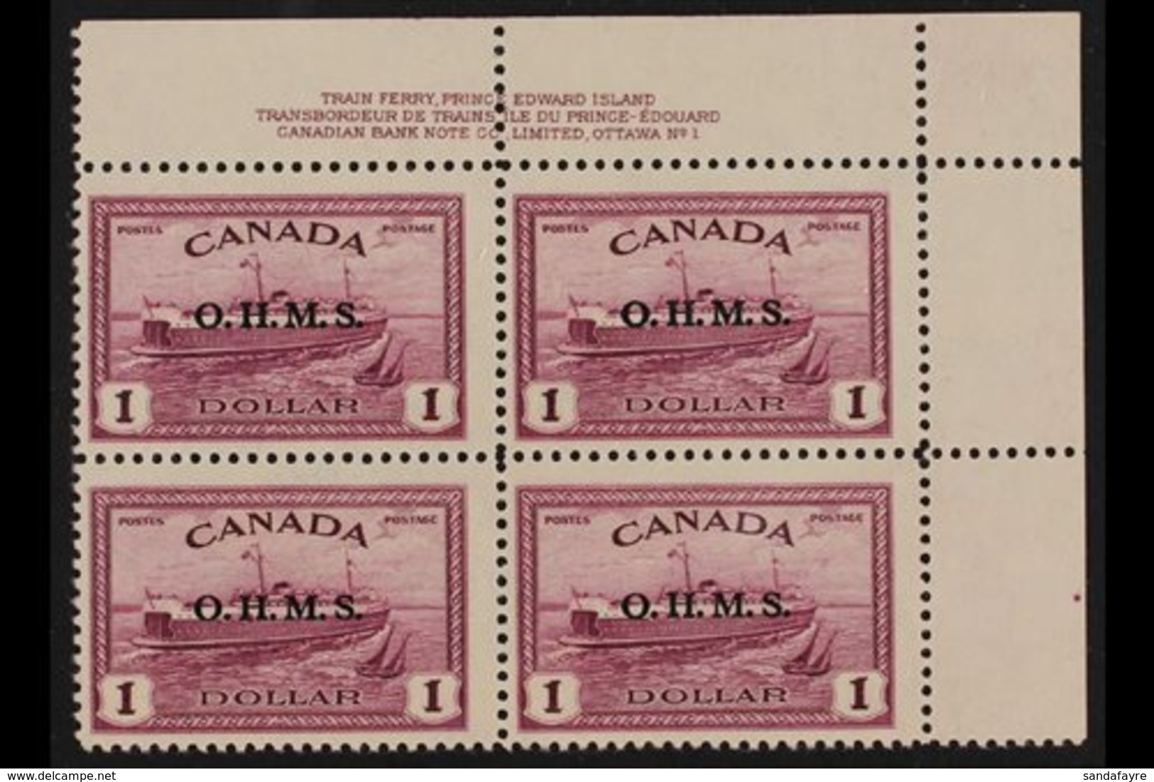 OFFICIALS 1949 $1 Purple Train Ferry "O.H.M.S." Overprint (SG O170, Unitrade O10), Never Hinged Mint Upper Right PLATE ' - Sonstige & Ohne Zuordnung