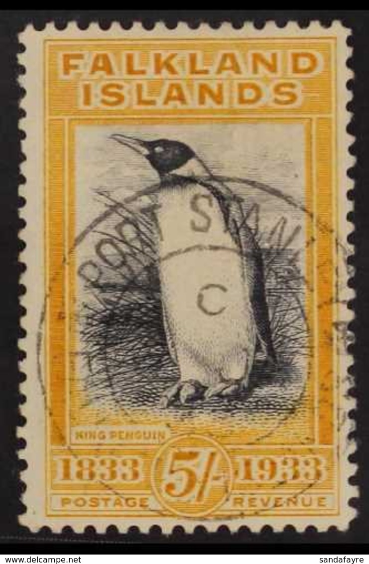 1933 5s Black And Yellow- Orange King Penguin, SG 136a, Cancelled By A Very Fine Port Stanley Cds. A Beautiful Example O - Falklandinseln