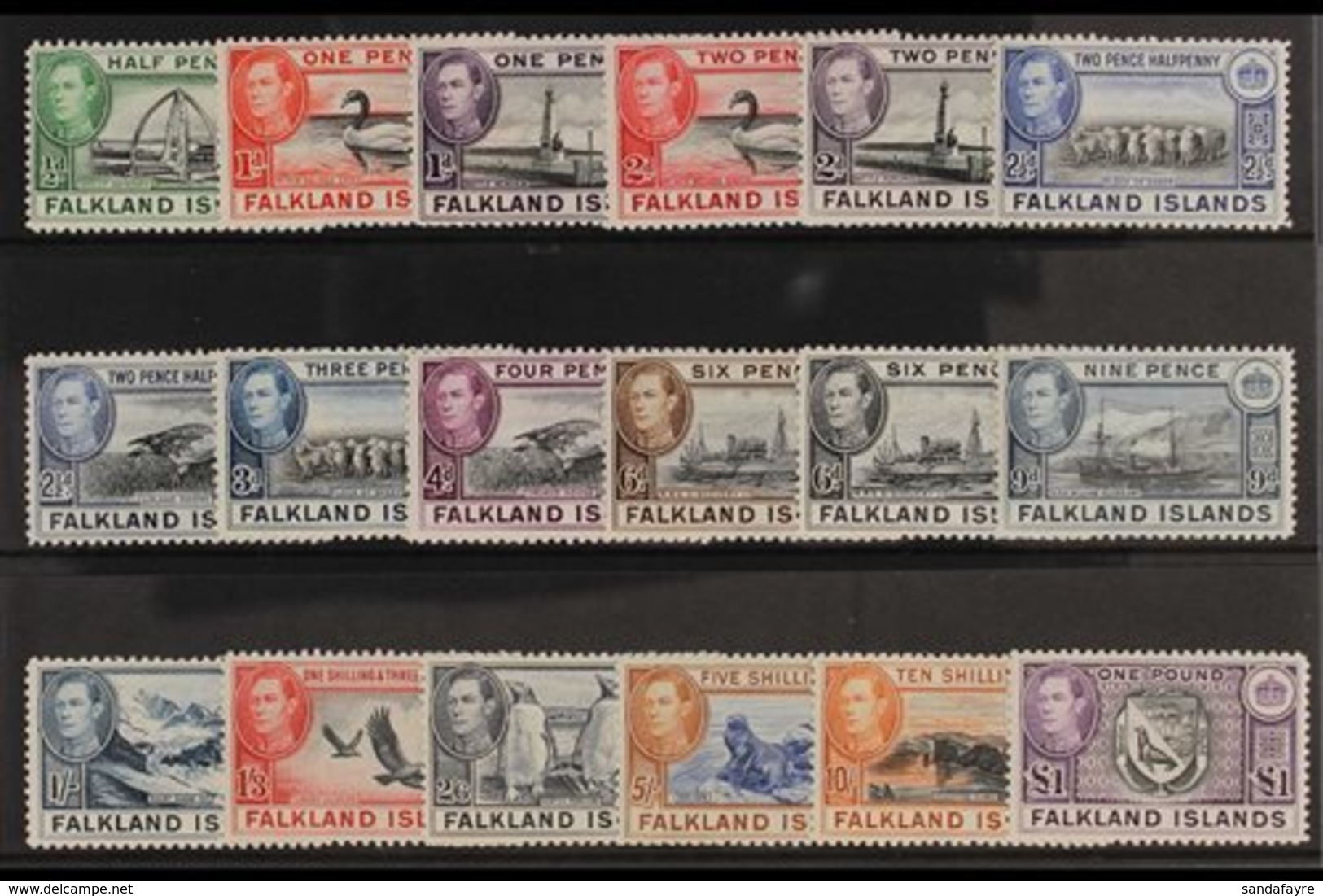 1938-50 NEVER HINGED MINT. An Attractive KGVI Definitives Complete Set, SG 146/63, Never Hinged Mint. Lovely Condition ( - Falklandinseln