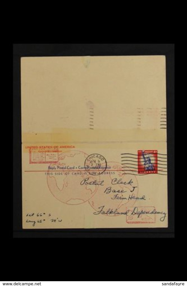 GRAHAM LAND 1958 (8 April) USA 4c+4c Reply Card Sent To Base "J" At Ferin Head, And Returned To The Sender With Very Fin - Falklandinseln