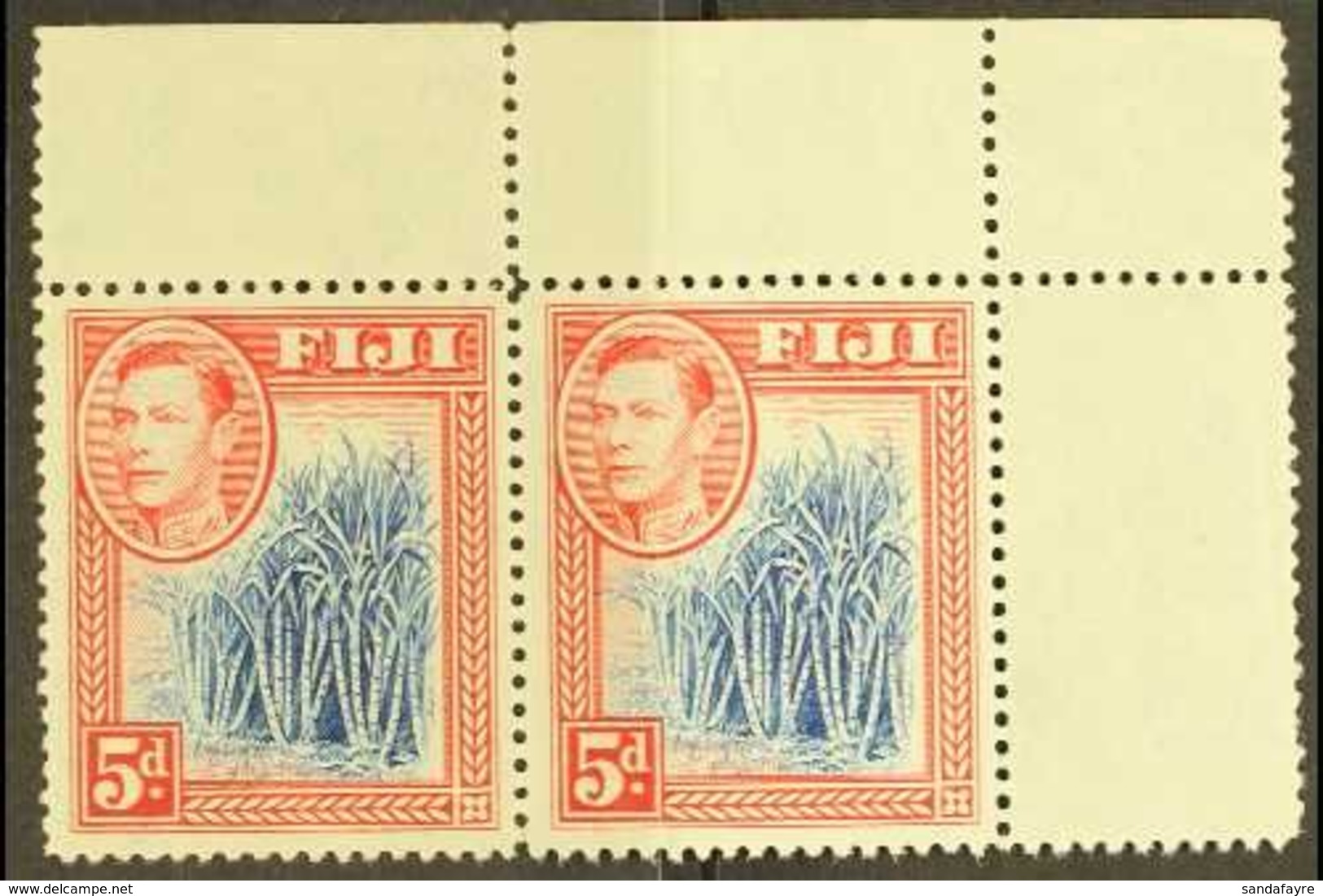 1938 5d Blue And Scarlet, SG 258, Never Hinged Mint Upper Right Corner Horizontal Pair.  For More Images, Please Visit H - Fidschi-Inseln (...-1970)