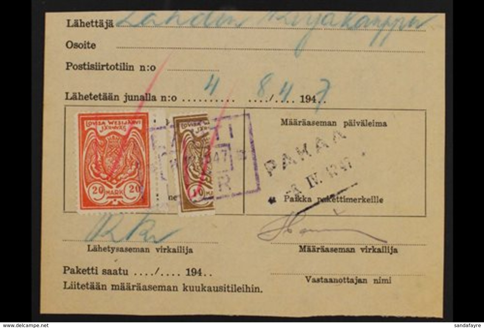 RAILWAY LOCAL BISECTED STAMPS LOVISA WESIJARVI JARNVAG 1947 Three Parcel Receipts/waybills, Bearing 1m, 4m, 10m & 20m Ra - Other & Unclassified