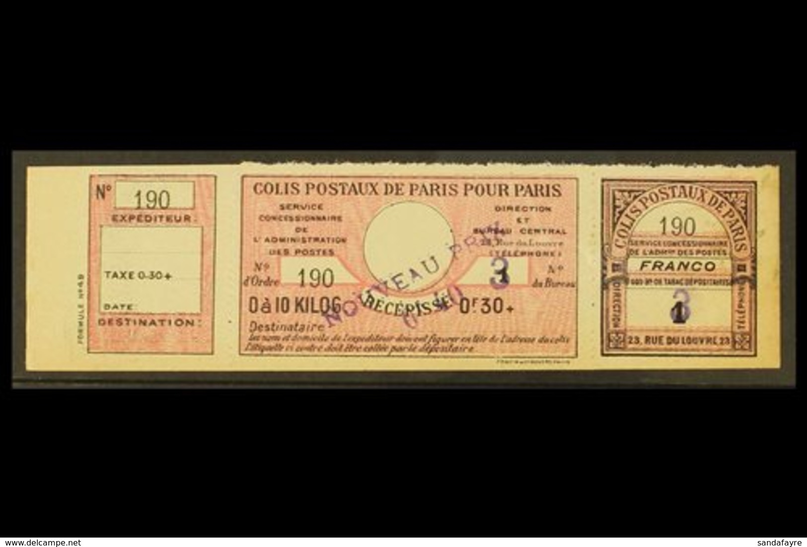 PARCEL POSTS FOR PARIS 1919 40c On 30c+ Rose, Se-tenant Strip Of 3, Maury 45, Fine "mint" Part Og. For More Images, Plea - Sonstige & Ohne Zuordnung