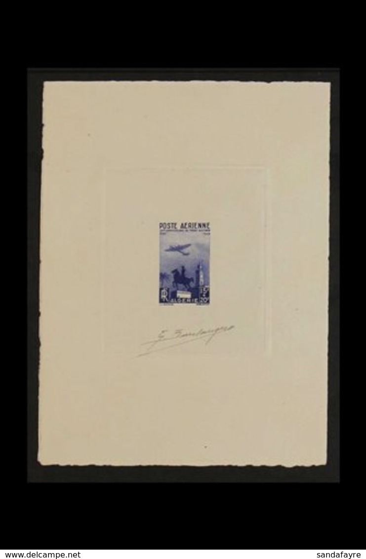 ALGERIA 1949 SUNKEN DIE PROOF In Dark Blue For The 15fr+20fr Stamp Anniversary (Aircraft Over Statue), As Yvert 13 Of SG - Sonstige & Ohne Zuordnung