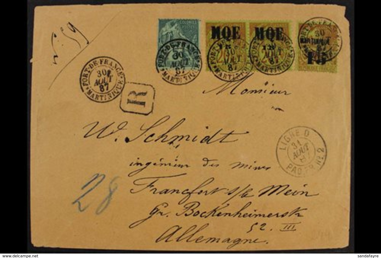 MARTINIQUE 1887 Registered Cover To Germany Franked General Colonies 5c Green, 1887 15c On 20c (Yv 2) Pair, And 15c On 2 - Sonstige & Ohne Zuordnung