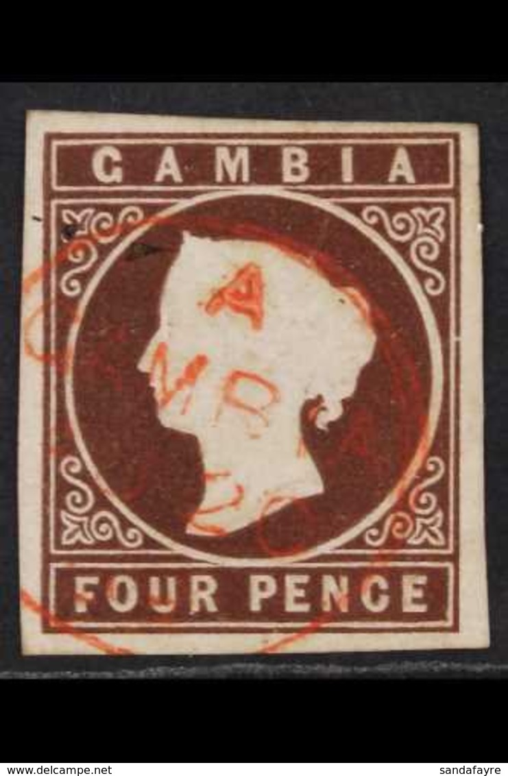 1869-72 4d Brown, No Wmk, Imperf, SG 1, 4 Clear To Wide Margins & Light Red Cds Cancel, Very Fine Used For More Images,  - Gambia (...-1964)