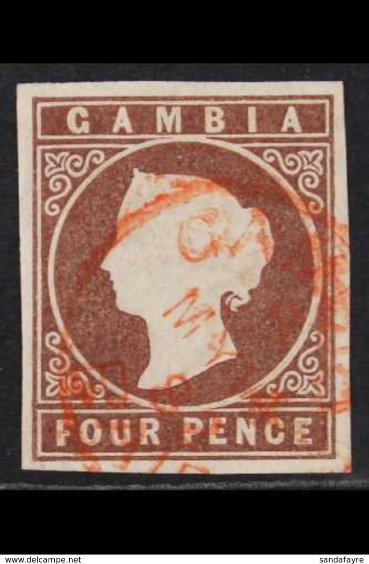 1874 4d Brown, CC Wmk, Imperf, SG 5, 4 Clear To Wide Margins & Light Red Cds Cancel, Very Fine Used For More Images, Ple - Gambia (...-1964)