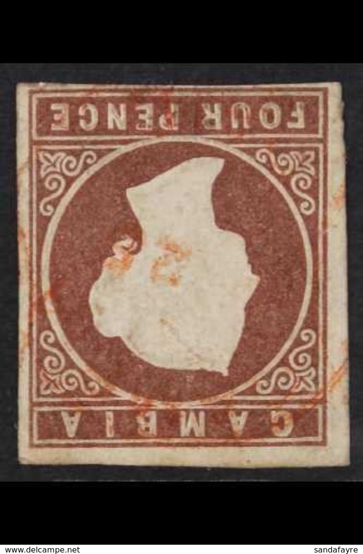 1874 4d Brown, CC Wmk, Imperf, Variety "WATERMARK INVERTED", SG 5w, 4 Clear To Wide Margins & Light Red Cds Cancel, Very - Gambia (...-1964)