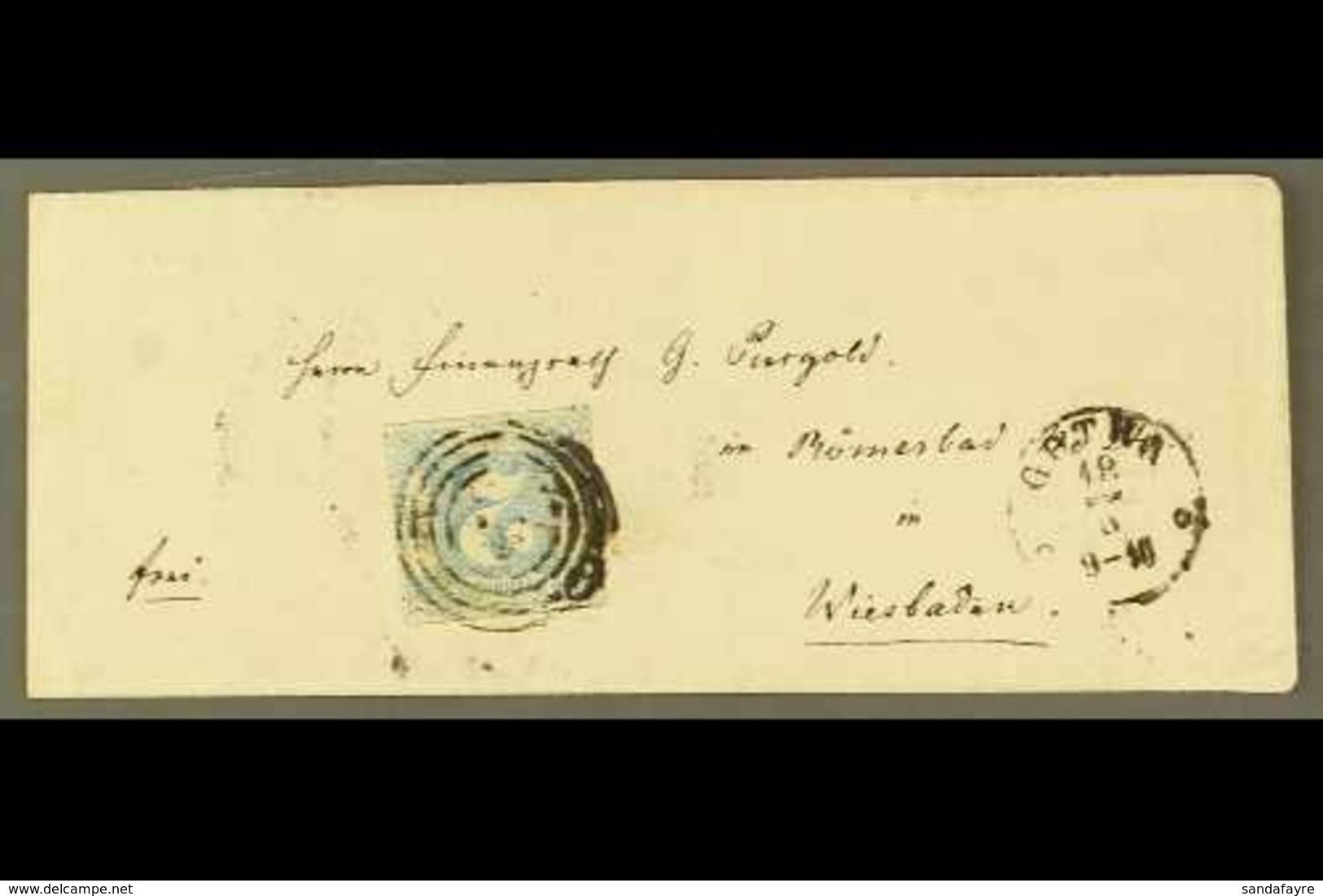 THURN AND TAXIS 1866 2 Sgr. Blue Coloured Roulettes, Mi. 49, On Neat Cover Gotha To Wiesbaden, Tied Target Cancel, Cds A - Other & Unclassified