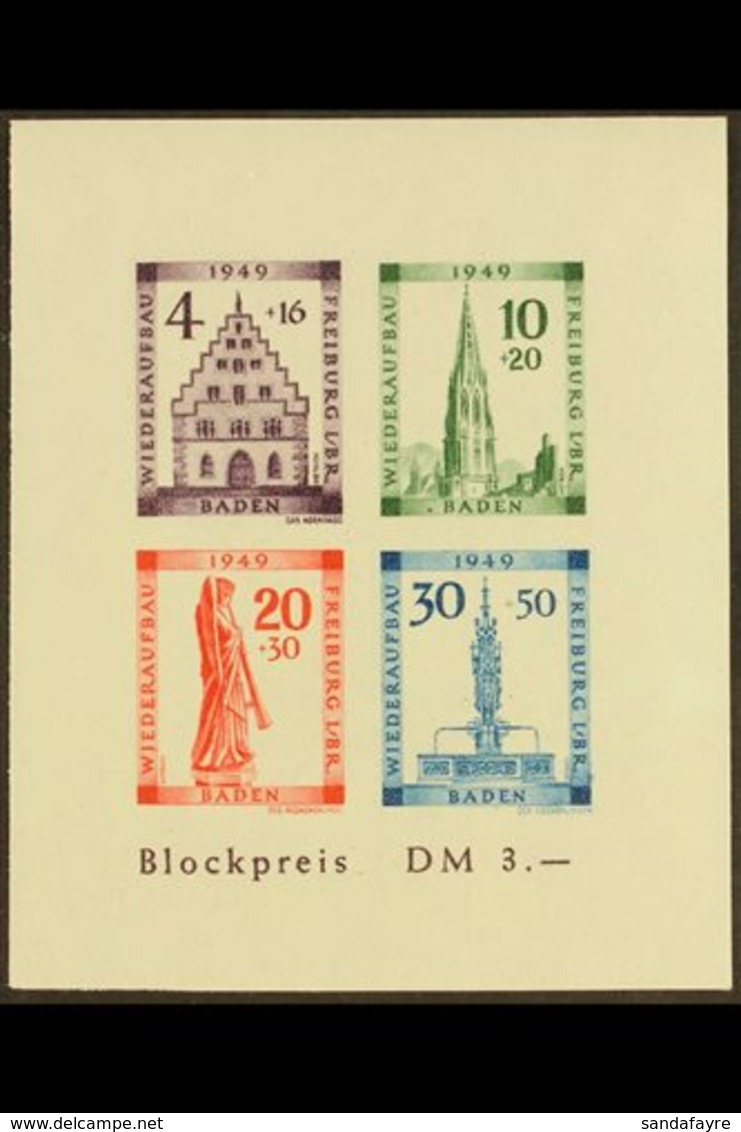 FRENCH ZONE BADEN 1949 Freiburg Rebuilding Fund Imperf Mini-sheet With 10pf Stamp With Ink Spot On Left Next To "B" Of " - Sonstige & Ohne Zuordnung