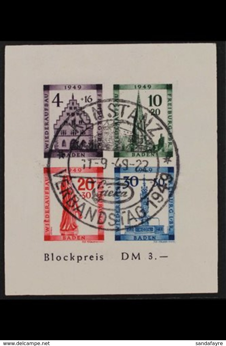 FRENCH ZONE BADEN 1949 Freiburg Reconstruction Fund Imperf Mini-sheet With 20pf Stamp With Coloured Fleck Over First "E" - Sonstige & Ohne Zuordnung