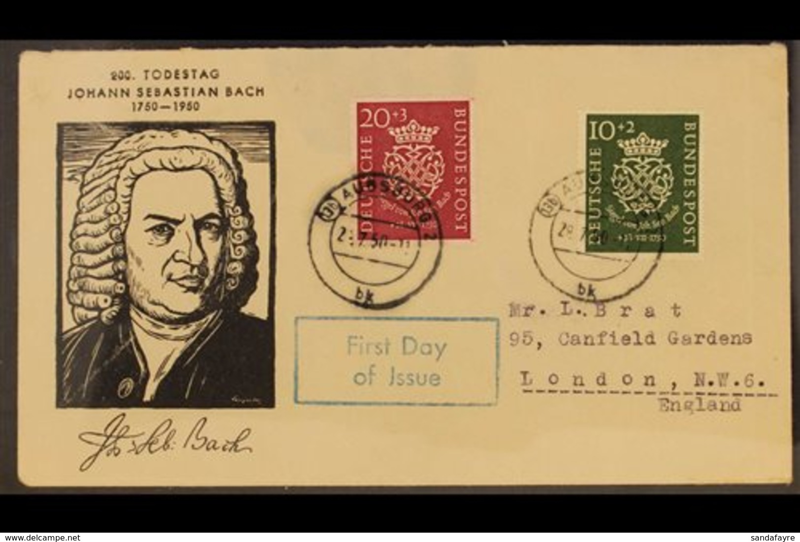 1950 Bach Complete Set (Michel 121/22, SG 1043/44) On Illustrated Neatly Type Addressed First Day Cover, Small Fault To  - Sonstige & Ohne Zuordnung