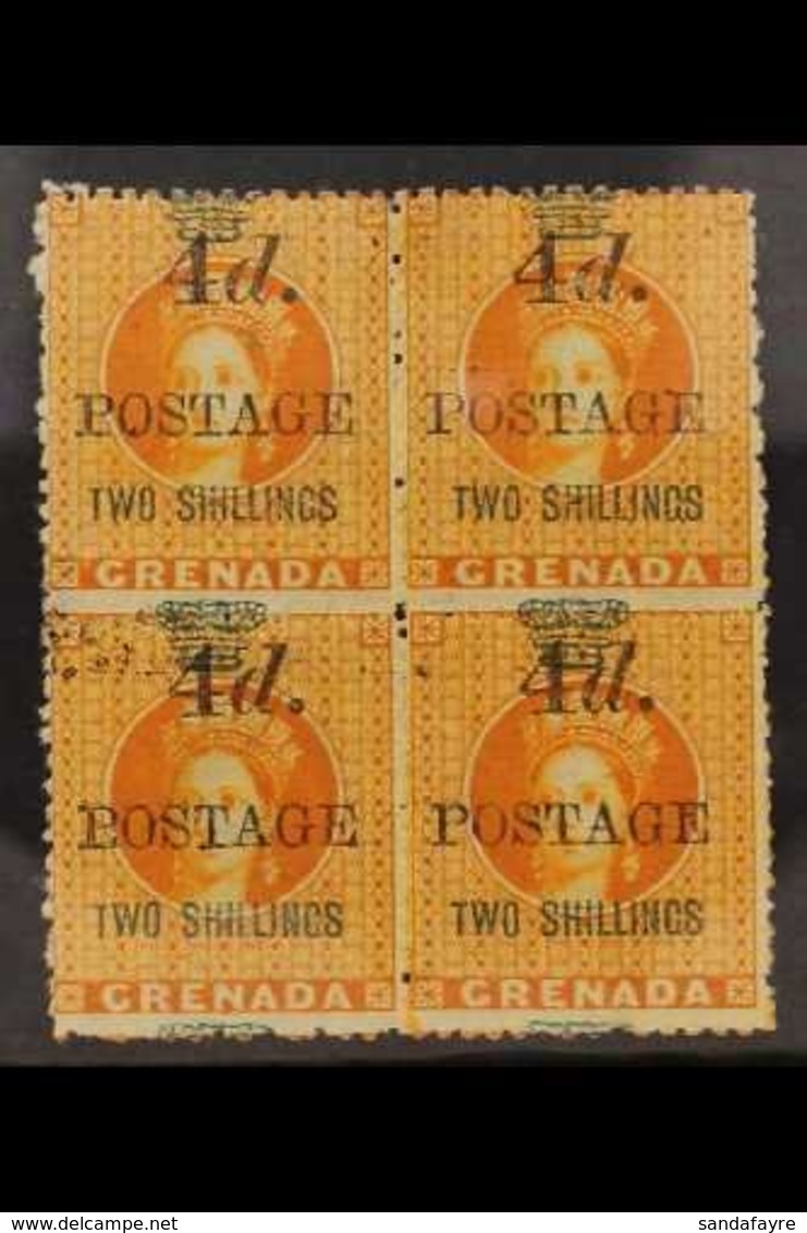 1888-92 4d On 2s Orange Surcharge 5mm Spacing, SG 42, Superb Mint BLOCK Of 4, The Lower Left Stamp Showing Dropped "T" O - Grenada (...-1974)